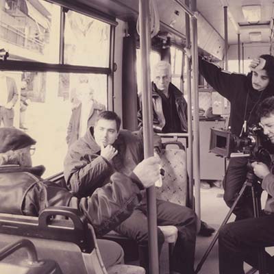 Filming Apostolia's father, Christos Papaioannou. Behind me, outside the car stands Apostolia;s mother, Christina.